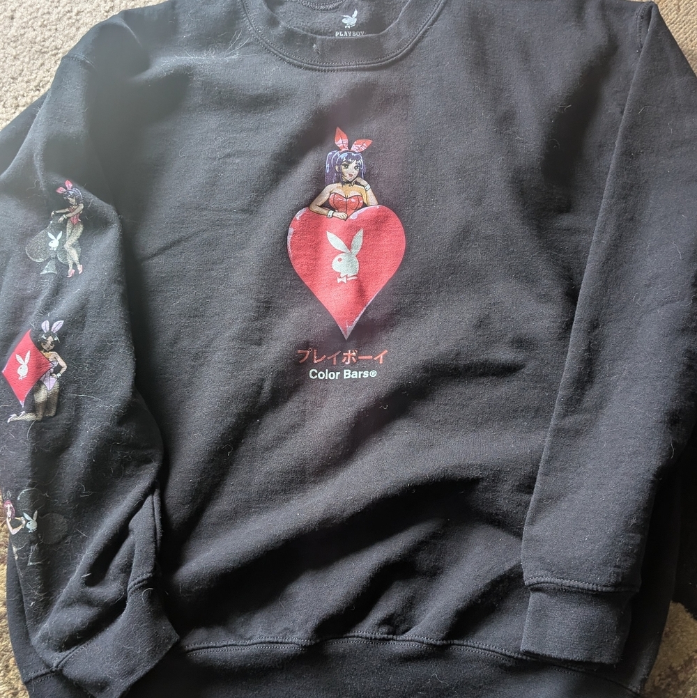 PLAYBOY Black Crewneck Sweater with Red Heart Graphic